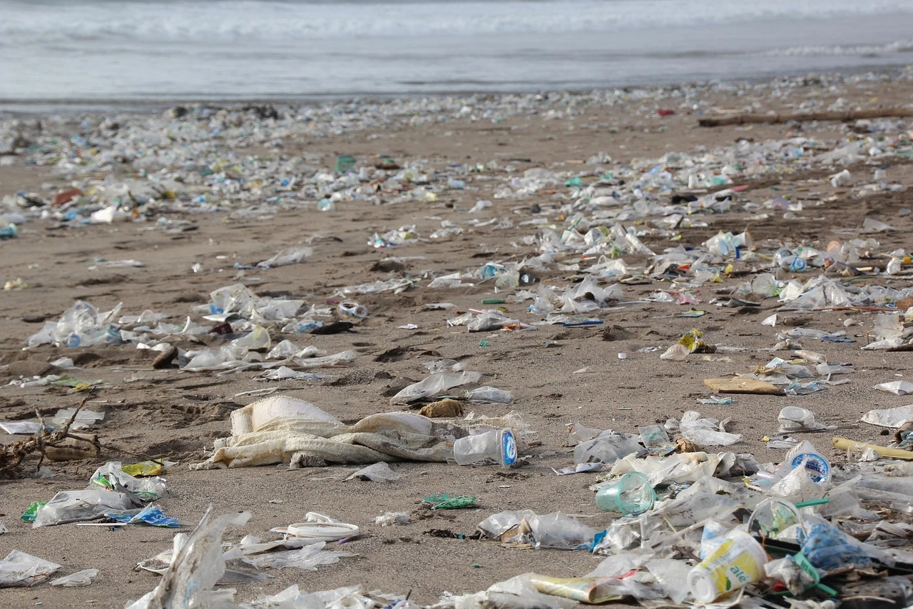 Das Foto zeigt einen Sandstrand. Auf ihm liegt viel Plastikmüll.