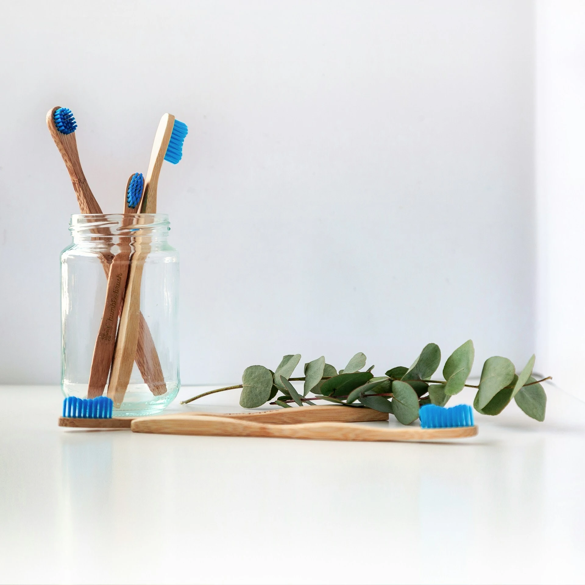 Das Foto zeigt mehrere Zahnbürsten aus Holz mit blauem Bürstenkopf. Sie stehen in einem Glas.