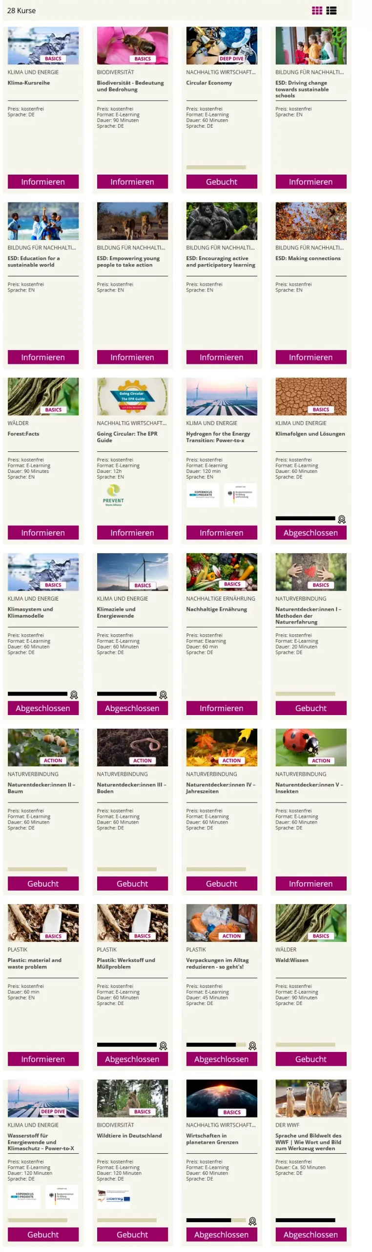 Der Screenshot zeigt eine Übersicht der Kurse auf der WWF-Akademie.
