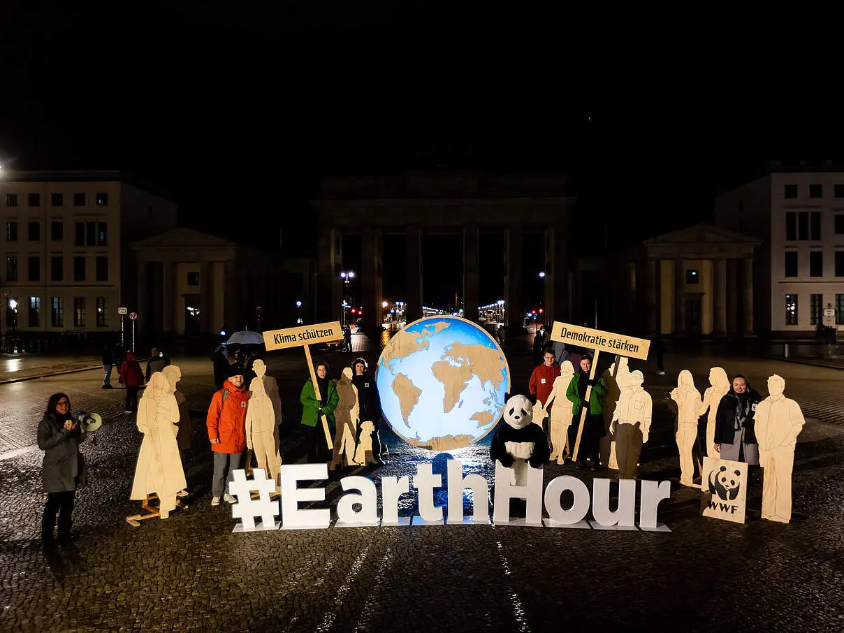 Menschen und Holzfiguren vor einer leuchtenden Erde und dem verdunkelten Brandenburger Tor © Jörg Farys / WWF