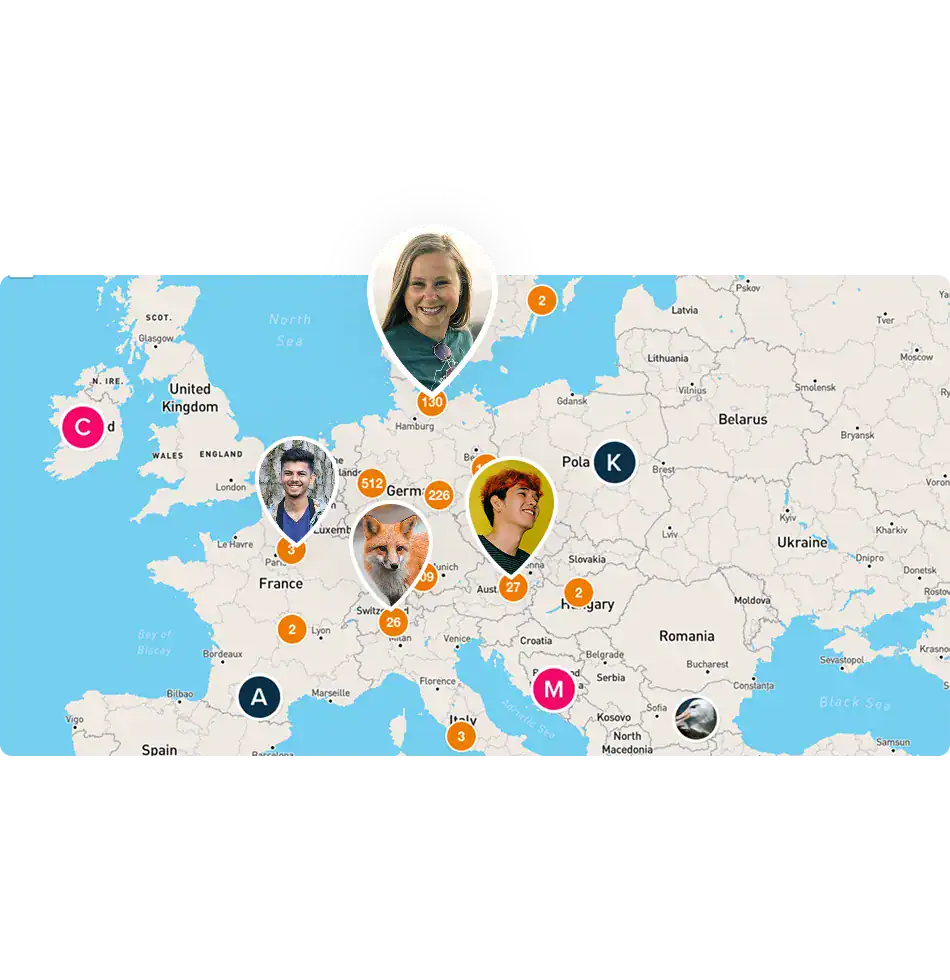 Beispielbild: Eine Europakarte auf der die Profilbilder einiger Community-Mitglieder abgebildet sind.