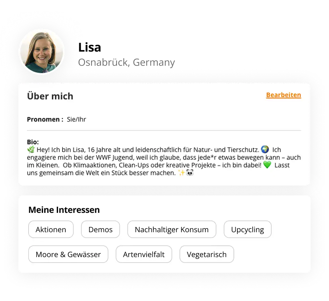 Profil eines fiktiven Mitglieds namens Lisa mit Biografie und ihren Interessen im Bezug auf den Umweltschutz