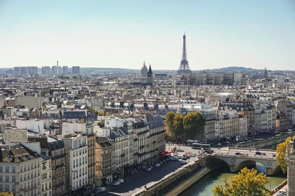 Blick aus der Vogelperspektive über Hochhäuser und Straßenzüge zum Eiffelturm Paris