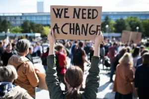 Eine Protestierende mit Schildern, die für Veränderung demonstrieren.