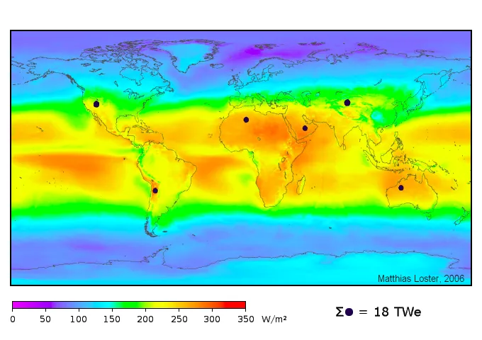 Eine Weltkarte, auf der die Sonneneinstrahlung eingefärbt ist. Zudem sind 6 Hotspots zur Energiegewinnung markiert.