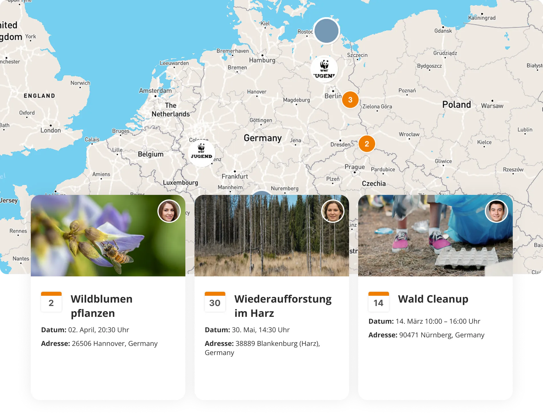 Eine Europakarte, auf der beispielhafte Aktionen der WWF Jugend Community verzeichnet sind.